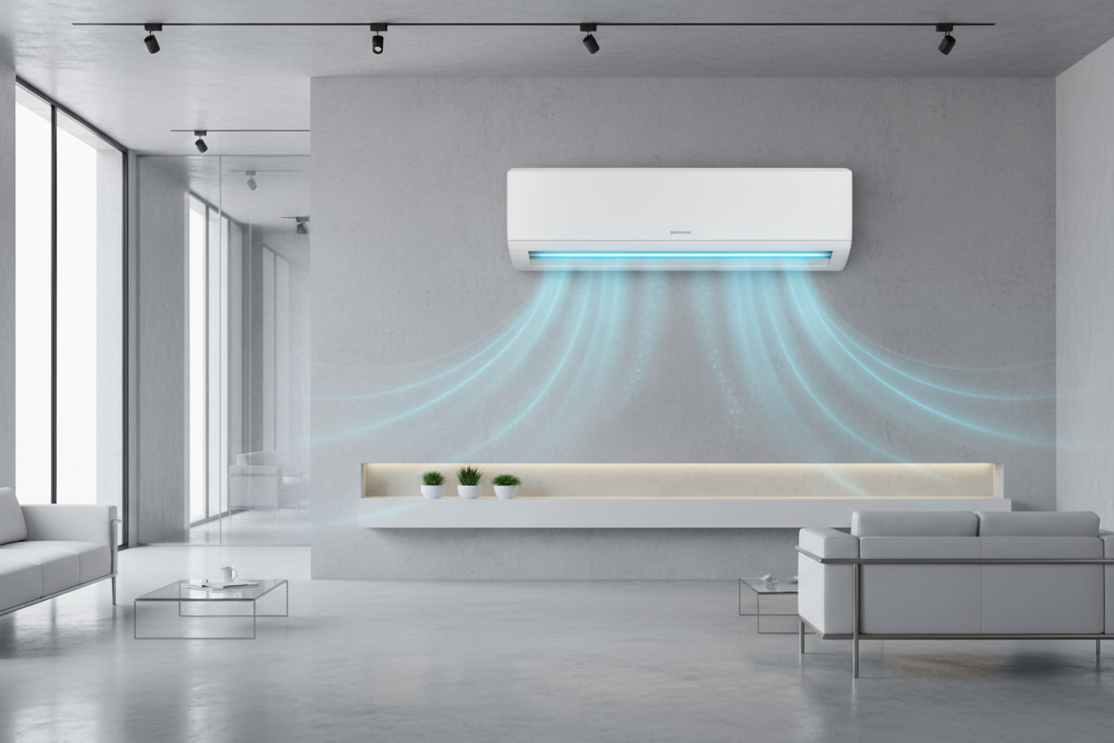 Modern living room with a wall-mounted air conditioner displaying air flow.