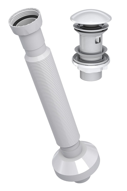 Extendable Flexible Waste Pipe with Pop Up Centre-Pin Basin Waste Ceramic WHITE(With overflow)