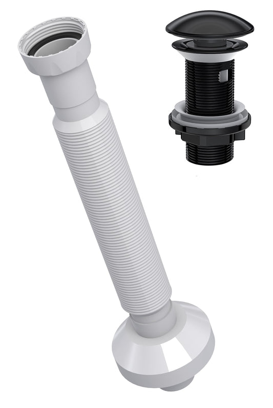 Extendable Flexible Waste Pipe Pop Up Ceramic Centre-Pin Basin Waste BLACK (With overflow)