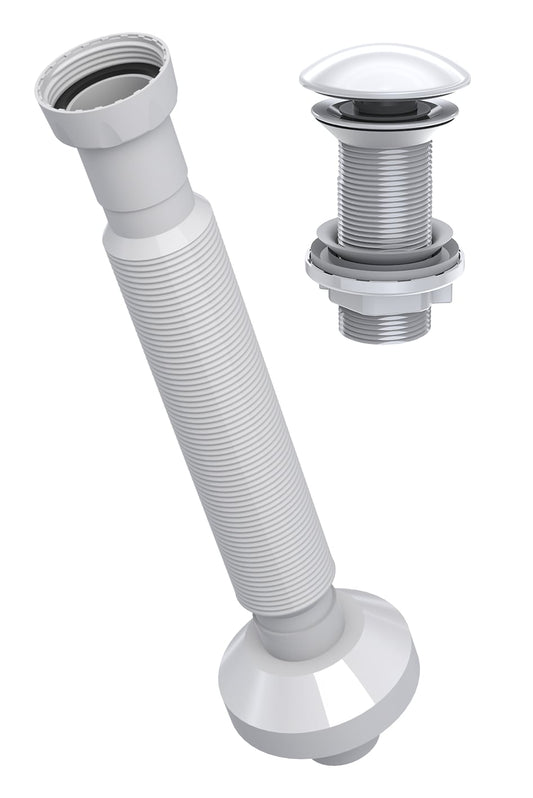Extendable Flexible Waste Pipe Pop Up Centre-Pin Basin Waste Ceramic WHITE (Without overflow)