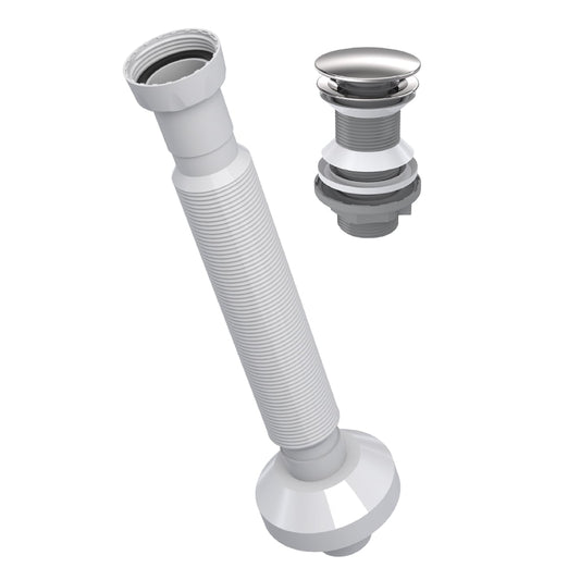 Extendable Flexible Waste Pipe Pop Up Centre-Pin Basin Waste Ceramic CHROME (Without overflow)