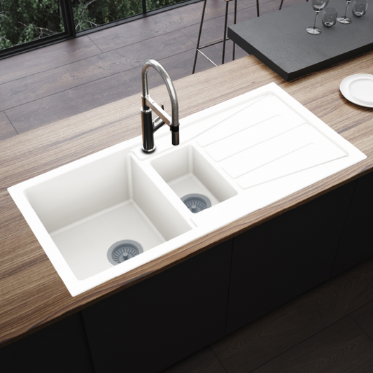 50 x 100  ELEGANT-ILYADA WHITE Composite 1.5 Bowl Kitchen Sink with Drainer